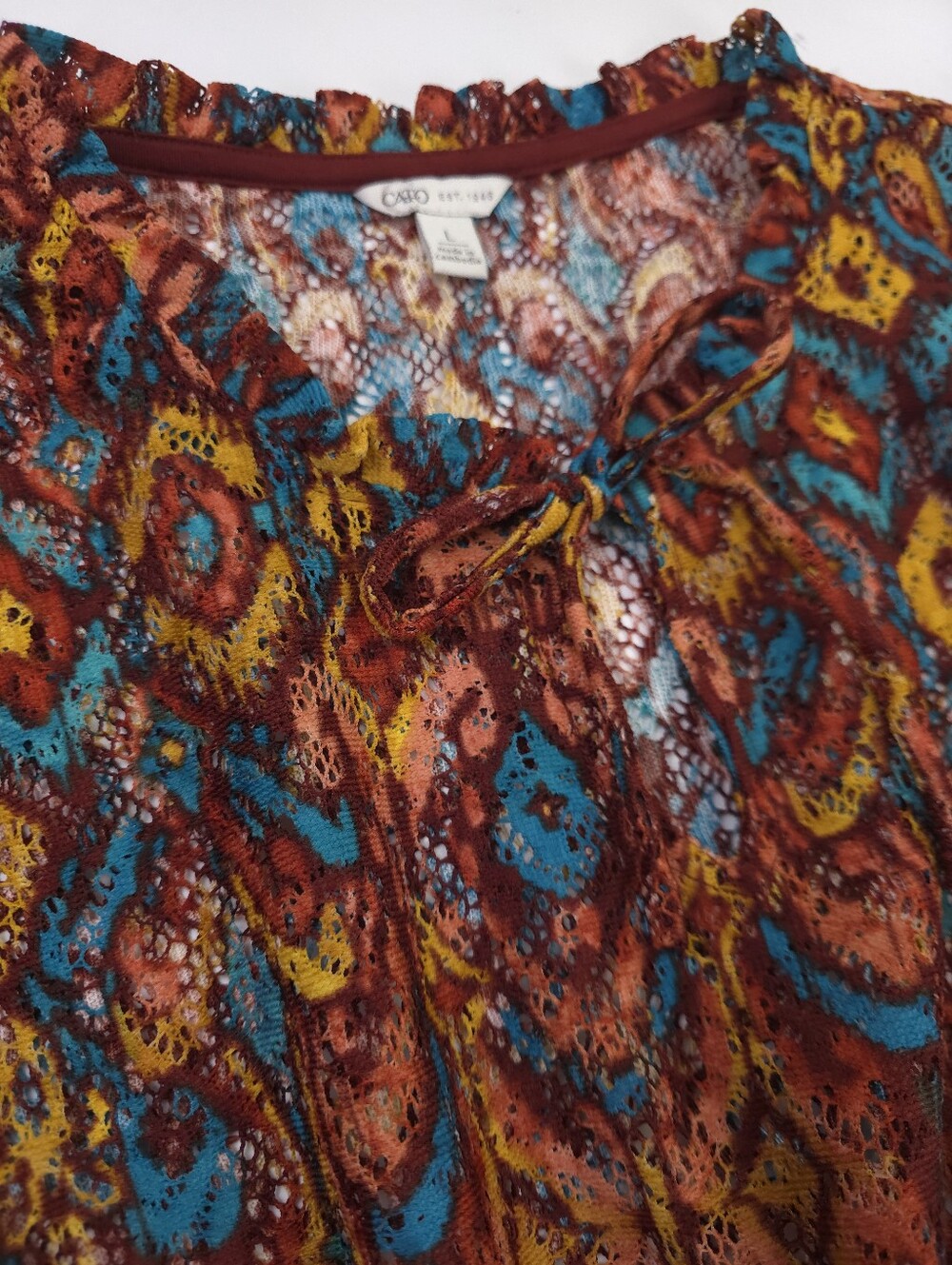 Cato Boho Printed Sheer Blouse in Rust Multicolor Sz L - Picture 4 of 11